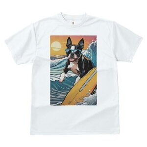 ボストンテリア Tシャツ 犬愛 ユニークデザインレディース 犬ファン 半袖 春夏 プリント 大人カジュアル かわいい 人間用 ギフト 個性的 猛暑対策 サーフィン ボストンテリア 海 波 太陽
