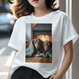 ダックスフンド Tシャツ 犬愛 ユニークデザインレディース 犬ファン 半袖 春夏 プリント 大人カジュアル かわいい 人間用 ギフト 個性的 猛暑対策 暖炉 ダックスフンド 毛布 木