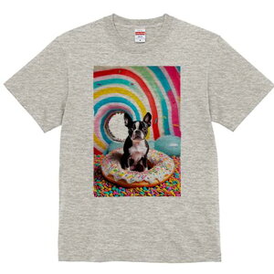 ボストンテリア Tシャツ 犬愛 ユニークデザインレディース 犬ファン 半袖 春夏 プリント 大人カジュアル かわいい 人間用 ギフト 個性的 猛暑対策 ドーナツ ボストンテリア スプリンクル キ