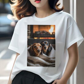 ダックスフンド Tシャツ 犬愛 ユニークデザインレディース 犬ファン 半袖 春夏 プリント 大人カジュアル かわいい 人間用 ギフト 個性的 猛暑対策 暖炉 ダックスフンド 毛布