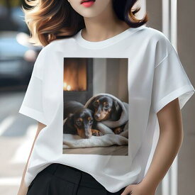 ダックスフンド Tシャツ 犬愛 ユニークデザインレディース 犬ファン 半袖 春夏 プリント 大人カジュアル かわいい 人間用 ギフト 個性的 猛暑対策 暖炉 ダックスフンド 毛布