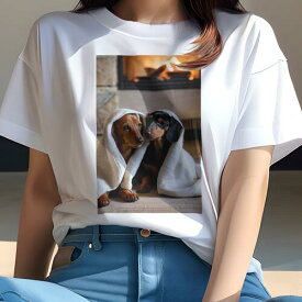 ダックスフンド Tシャツ 犬愛 ユニークデザインレディース 犬ファン 半袖 春夏 プリント 大人カジュアル かわいい 人間用 ギフト 個性的 猛暑対策 暖炉 ダックスフンド 毛布