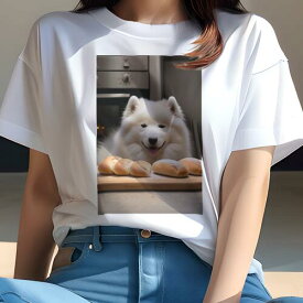 サモエド Tシャツ 犬愛 ユニークデザインレディース 犬ファン 半袖 春夏 プリント 大人カジュアル かわいい 人間用 ギフト 個性的 猛暑対策 パン サモエド オーブン