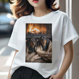 ダックスフンド Tシャツ 犬愛 ユニークデザインレディース 犬ファン 半袖 春夏 プリント 大人カジュアル かわいい 人間用 ギフト 個性的 猛暑対策 暖炉 ダックスフンド 毛布