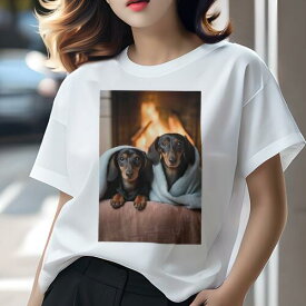 ダックスフンド Tシャツ 犬愛 ユニークデザインレディース 犬ファン 半袖 春夏 プリント 大人カジュアル かわいい 人間用 ギフト 個性的 猛暑対策 暖炉 ダックスフンド 毛布