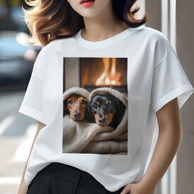 ダックスフンド Tシャツ 犬愛 ユニークデザインレディース 犬ファン 半袖 春夏 プリント 大人カジュアル かわいい 人間用 ギフト 個性的 猛暑対策 暖炉 ダックスフンド 毛布