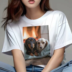 ダックスフンド Tシャツ 犬愛 ユニークデザインレディース 犬ファン 半袖 春夏 プリント 大人カジュアル かわいい 人間用 ギフト 個性的 猛暑対策 暖炉 ダックスフンド 毛布 木の床
