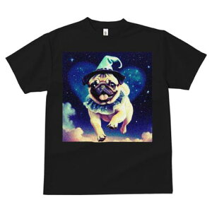 パグ Tシャツ 犬愛 ユニークデザインレディース 犬ファン 半袖 春夏 プリント 大人カジュアル かわいい 人間用 ギフト 個性的 猛暑対策 魔法使い パグ 帽子 星 雲