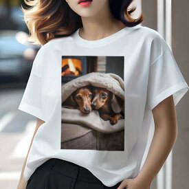 ダックスフンド Tシャツ 犬愛 ユニークデザインレディース 犬ファン 半袖 春夏 プリント 大人カジュアル かわいい 人間用 ギフト 個性的 猛暑対策 暖炉 ダックスフンド 毛布