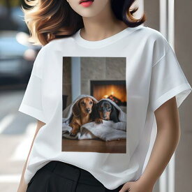 ダックスフンド Tシャツ 犬愛 ユニークデザインレディース 犬ファン 半袖 春夏 プリント 大人カジュアル かわいい 人間用 ギフト 個性的 猛暑対策 暖炉 ダックスフンド 毛布 木