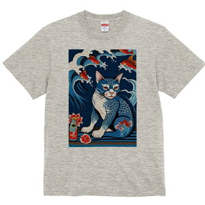 Tシャツ 和風 猫柄 和柄 男気 浮世絵風 刺青猫 ギフト ユニークデザイン メンズ キッズ 半袖 春夏 プリント 猛暑対策 人間用 波 魚 花 日本酒