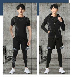 スポーツウェア メンズ 上下 セット 半袖シャツ 長袖シャツ ショートパンツ ロングタイツ パーカー フィット 大きいサイズ 通気性 速乾 伸縮性 トレーニング ランニング 黒