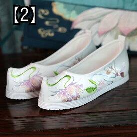 ラウンドトゥ パンプス レディース 刺繍 靴 春 夏 フラット ヒール 漢服 中国風 デザイン ファッション 花柄 レトロ 白