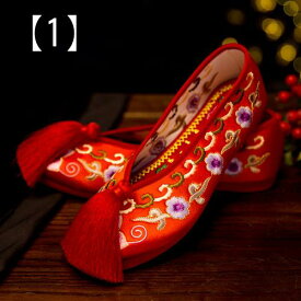 パンプス 痛くない ローヒール ぺたんこ 結婚式 レディース レトロ 刺繍 赤 中国 花柄 ドラゴン 大きいサイズ ベルベット 赤 タッセル