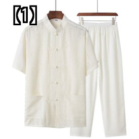 チャイナ服 メンズ 上下 半袖 夏 涼しい 快適 部屋着 民族衣装 シニア 刺繍 スタンドカラ— 綿 リネン