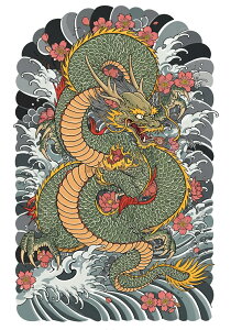 龍 桜 波 鱗 東洋 タペストリー 和モダン 和柄 浮世絵風 刺青風 昭和レトロ 壁掛け 大判 長方形 タトゥー ジャパニーズ 男気 アウトロー 壁布 緑 オレンジ 黄色