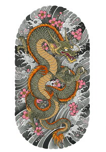 龍 桜 波 鱗 東洋 タペストリー 和モダン 和柄 浮世絵風 刺青風 昭和レトロ 壁掛け 大判 長方形 タトゥー ジャパニーズ 男気 アウトロー 壁布 グレー ピンク オレンジ