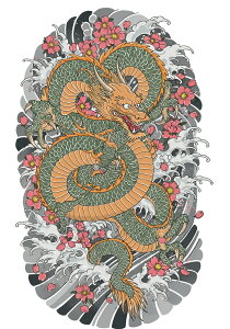 龍 桜 波 鱗 東洋 タペストリー 和モダン 和柄 浮世絵風 刺青風 昭和レトロ 壁掛け 大判 長方形 タトゥー ジャパニーズ 男気 アウトロー 壁布 オレンジ 緑 ピンク