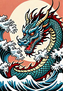 龍 海 波 月 伝説 タペストリー 和モダン 和柄 浮世絵風 刺青風 昭和レトロ 壁掛け 大判 長方形 タトゥー ジャパニーズ 男気 アウトロー 壁布 青 赤 黄色