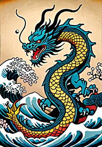 龍 波 海 幸運 力 タペストリー 和モダン 和柄 浮世絵風 刺青風 昭和レトロ 壁掛け 大判 長方形 タトゥー ジャパニーズ 男気 アウトロー 壁布 青 黄色 赤