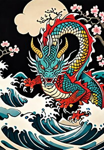 龍 波 桜 月 伝説 タペストリー 和モダン 和柄 浮世絵風 刺青風 昭和レトロ 壁掛け 大判 長方形 タトゥー ジャパニーズ 男気 アウトロー 壁布 青 赤 黄色
