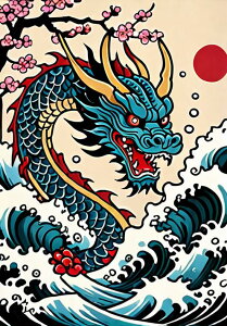 龍 桜 波 太陽 日本 タペストリー 和モダン 和柄 浮世絵風 刺青風 昭和レトロ 壁掛け 大判 長方形 タトゥー ジャパニーズ 男気 アウトロー 壁布 青 赤 黄色