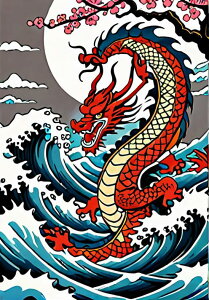 龍 海 波 月 桜 タペストリー 和モダン 和柄 浮世絵風 刺青風 昭和レトロ 壁掛け 大判 長方形 タトゥー ジャパニーズ 男気 アウトロー 壁布 赤 青 白