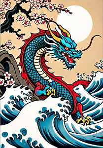 龍 波 月 桜 浮世絵 タペストリー 和モダン 和柄 浮世絵風 刺青風 昭和レトロ 壁掛け 大判 長方形 タトゥー ジャパニーズ 男気 アウトロー 壁布 青 赤 白