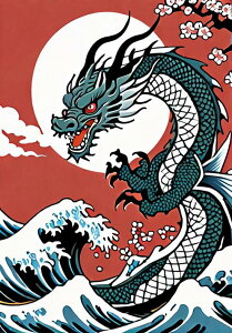龍 波 桜 月 雲 タペストリー 和モダン 和柄 浮世絵風 刺青風 昭和レトロ 壁掛け 大判 長方形 タトゥー ジャパニーズ 男気 アウトロー 壁布 赤 白 青