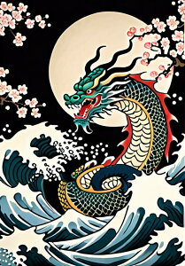 龍 波 月 桜 縁起物 タペストリー 和モダン 和柄 浮世絵風 刺青風 昭和レトロ 壁掛け 大判 長方形 タトゥー ジャパニーズ 男気 アウトロー 壁布 緑 赤 黄色