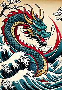 龍 海 波 太陽 桜 タペストリー 和モダン 和柄 浮世絵風 刺青風 昭和レトロ 壁掛け 大判 長方形 タトゥー ジャパニーズ 男気 アウトロー 壁布 青 赤 黄色