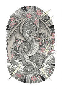 龍 桜 雷 波 鱗 タペストリー 和モダン 和柄 浮世絵風 刺青風 昭和レトロ 壁掛け 大判 長方形 タトゥー ジャパニーズ 男気 アウトロー 壁布 白 グレー ピンク