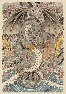 龍 桜 雷 波 雲 タペストリー 和モダン 和柄 浮世絵風 刺青風 昭和レトロ 壁掛け 大判 長方形 タトゥー ジャパニーズ 男気 アウトロー 壁布 白 グレー ピンク