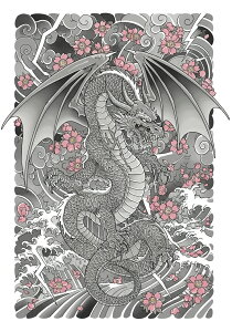 龍 桜 雲 波 雷 タペストリー 和モダン 和柄 浮世絵風 刺青風 昭和レトロ 壁掛け 大判 長方形 タトゥー ジャパニーズ 男気 アウトロー 壁布 グレー ピンク 白