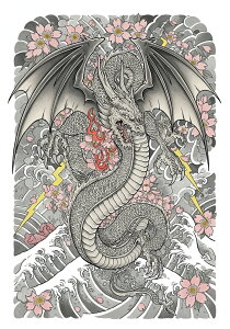 龍 桜 波 雷 火 タペストリー 和モダン 和柄 浮世絵風 刺青風 昭和レトロ 壁掛け 大判 長方形 タトゥー ジャパニーズ 男気 アウトロー 壁布 白 グレー ピンク