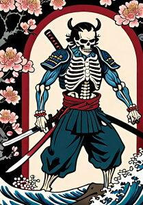 武士 骸骨 桜 波 死 タペストリー 和モダン 和柄 浮世絵風 刺青風 昭和レトロ 壁掛け 大判 長方形 タトゥー ジャパニーズ 男気 アウトロー 壁布 青 紺 黒