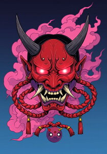 鬼 般若 妖怪 悪魔 伝統 タペストリー 和モダン 和柄 浮世絵風 刺青風 昭和レトロ 壁掛け 大判 長方形 タトゥー ジャパニーズ 男気 アウトロー 壁布 赤 ピンク 黒