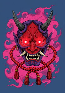 鬼 般若 能面 妖怪 伝説 タペストリー 和モダン 和柄 浮世絵風 刺青風 昭和レトロ 壁掛け 大判 長方形 タトゥー ジャパニーズ 男気 アウトロー 壁布 赤 ピンク 紫