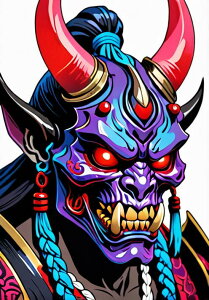 鬼 悪魔 角 牙 鎧 タペストリー 和モダン 和柄 浮世絵風 刺青風 昭和レトロ 壁掛け 大判 長方形 タトゥー ジャパニーズ 男気 アウトロー 壁布 紫 青 赤
