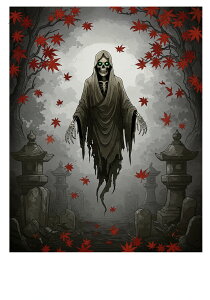 幽霊 墓地 灯篭 紅葉 死 タペストリー 和モダン 和柄 浮世絵風 刺青風 昭和レトロ 壁掛け 大判 長方形 タトゥー ジャパニーズ 男気 アウトロー 壁布 グレー 赤 黒