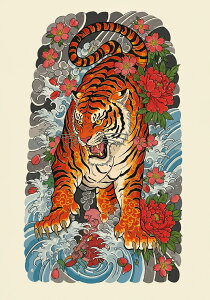 虎 波 花 牡丹 龍 タペストリー 和モダン 和柄 浮世絵風 刺青風 昭和レトロ 壁掛け 大判 長方形 タトゥー ジャパニーズ 男気 アウトロー 壁布 オレンジ 黒 白