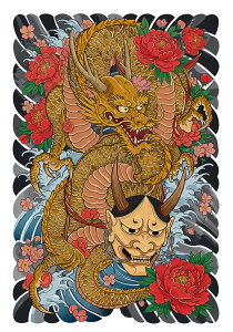 龍 鬼 花 波 伝統 タペストリー 和モダン 和柄 浮世絵風 刺青風 昭和レトロ 壁掛け 大判 長方形 タトゥー ジャパニーズ 男気 アウトロー 壁布 黄色 赤 ピンク