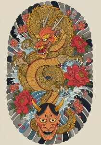 龍 鬼 花 波 鱗 タペストリー 和モダン 和柄 浮世絵風 刺青風 昭和レトロ 壁掛け 大判 長方形 タトゥー ジャパニーズ 男気 アウトロー 壁布 黄色 赤 オレンジ