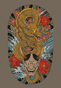 龍 鬼 花 波 和柄 タペストリー 和モダン 浮世絵風 刺青風 昭和レトロ 壁掛け 大判 長方形 タトゥー ジャパニーズ 男気 アウトロー 壁布 黄色 赤 黒