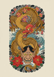 龍 鬼 花 波 鱗 タペストリー 和モダン 和柄 浮世絵風 刺青風 昭和レトロ 壁掛け 大判 長方形 タトゥー ジャパニーズ 男気 アウトロー 壁布 赤 黄色 ベージュ