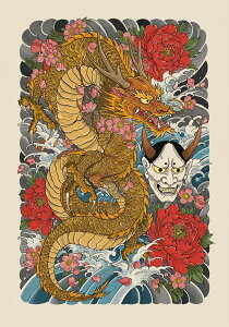龍 鬼 花 波 鱗 タペストリー 和モダン 和柄 浮世絵風 刺青風 昭和レトロ 壁掛け 大判 長方形 タトゥー ジャパニーズ 男気 アウトロー 壁布 黄色 赤 ピンク