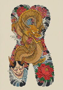 龍 鬼 花 波 和柄 タペストリー 和モダン 浮世絵風 刺青風 昭和レトロ 壁掛け 大判 長方形 タトゥー ジャパニーズ 男気 アウトロー 壁布 黄色 赤 ピンク