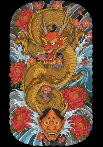 龍 鬼 花 波 鱗 タペストリー 和モダン 和柄 浮世絵風 刺青風 昭和レトロ 壁掛け 大判 長方形 タトゥー ジャパニーズ 男気 アウトロー 壁布 赤 オレンジ 黄色