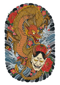 龍 鬼 花 波 鱗 タペストリー 和モダン 和柄 浮世絵風 刺青風 昭和レトロ 壁掛け 大判 長方形 タトゥー ジャパニーズ 男気 アウトロー 壁布 赤 オレンジ 黄色