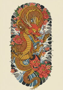 龍 鬼 花 波 和柄 タペストリー 和モダン 浮世絵風 刺青風 昭和レトロ 壁掛け 大判 長方形 タトゥー ジャパニーズ 男気 アウトロー 壁布 赤 オレンジ 黄色